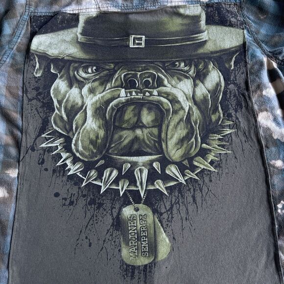 Folktown Shirt Mens Large Button Up Flannel Tie Dye Plaid Marine Bulldog Grunge - Picture 3 of 12